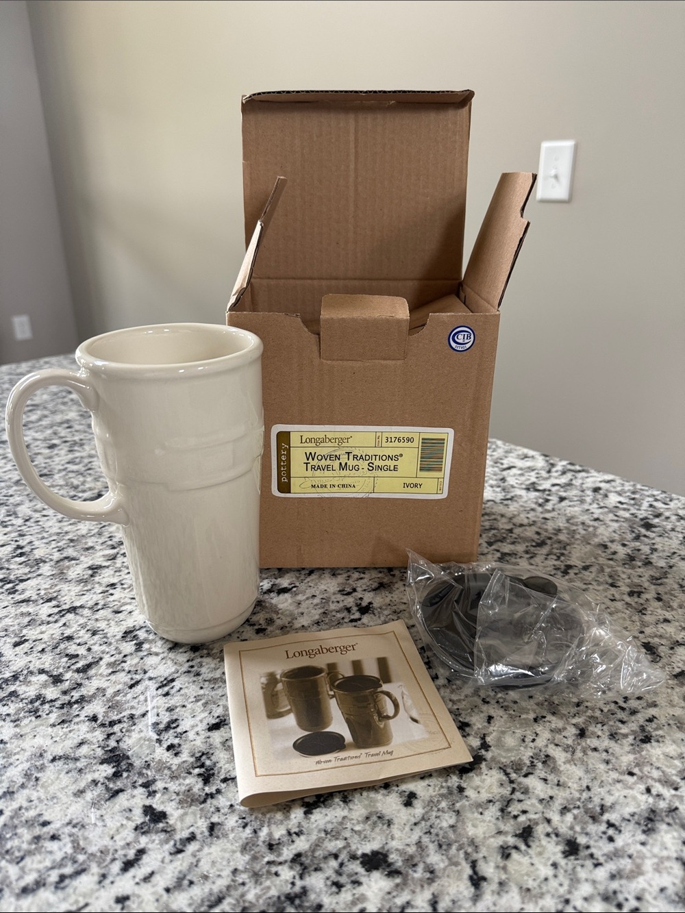 Longaberger Ivory Ceramic Travel Mug with Handle